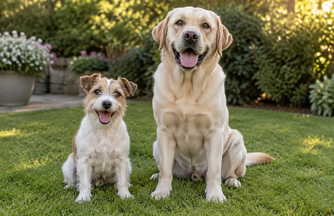 Dos perros sanos de distinto tamaño jugando en el jardín